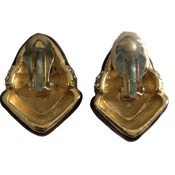 Vintage Clip Earrings Bronze Gold Enamel Rhinestone Crystal Chunky 1980s - Picture 2 of 8